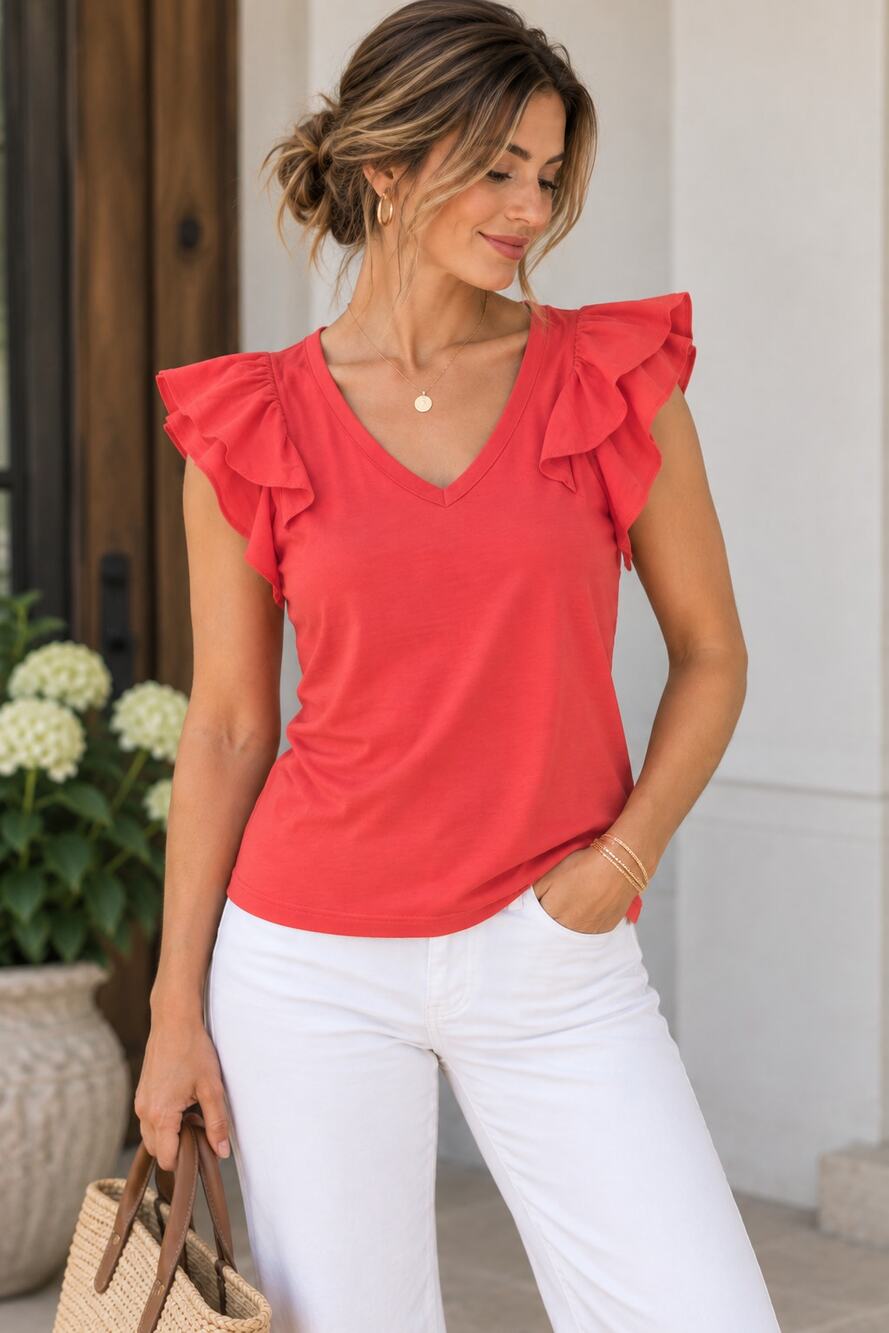 Lauren Ralph Lauren Ruffle Sleeve Top Medium Coral Red Cotton